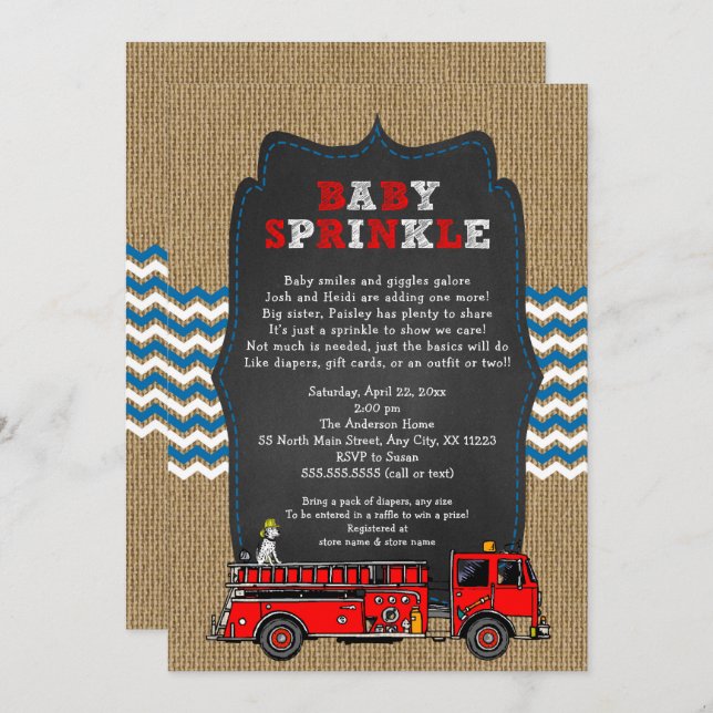 Fire Truck Baby Sprinkle, boy baby shower Invitation (Front/Back)