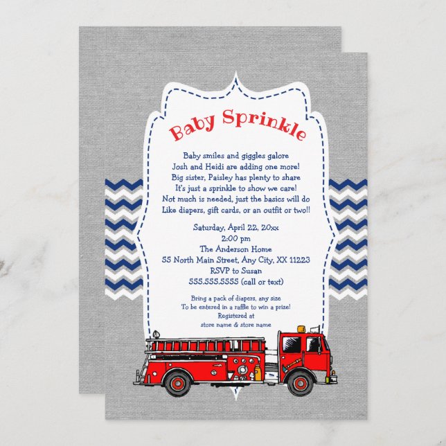 Fire Truck Baby Sprinkle invitation, navy grey Invitation (Front/Back)