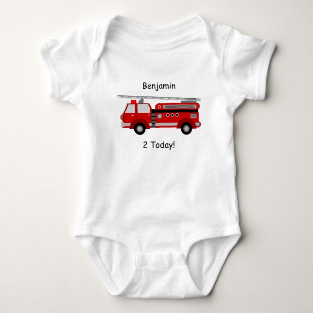 Fire Truck Baby Vest "2 Today" With Name Bodysuit (Front)