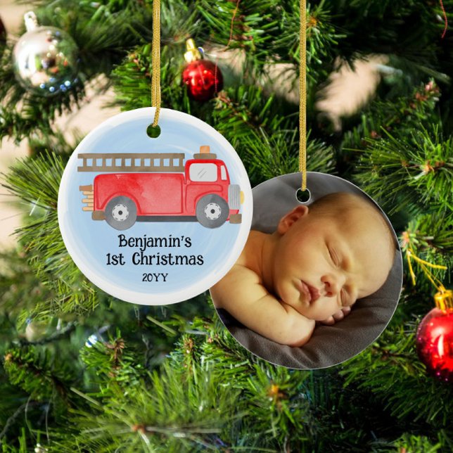 Fire Truck Baby's 1st Christmas Photo Keepsake Ceramic Ornament (Creator Uploaded)