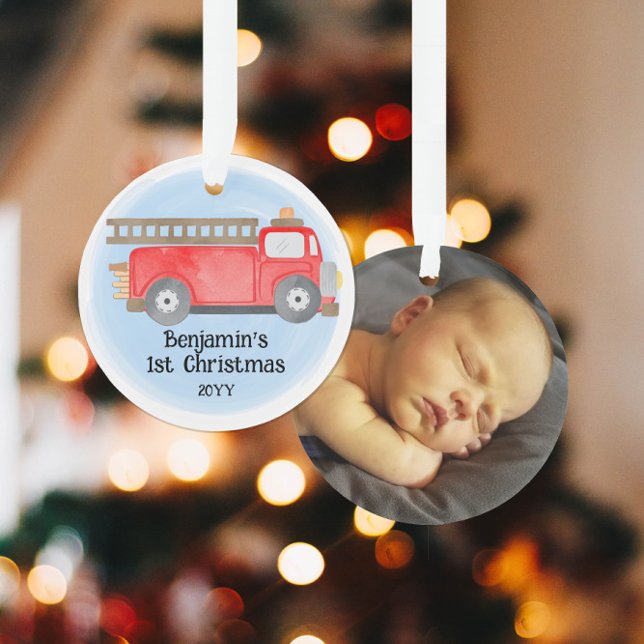Fire Truck Baby's 1st Christmas Photo Keepsake Ornament (Creator Uploaded)