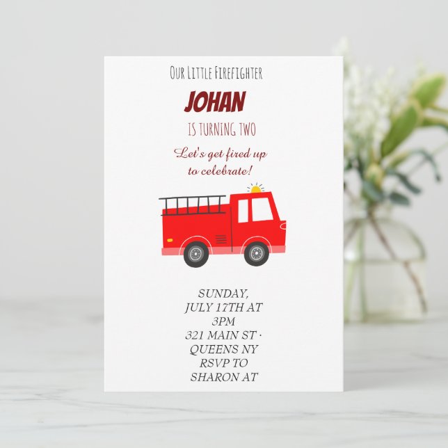 Fire Truck Birthday Invitation (Standing Front)