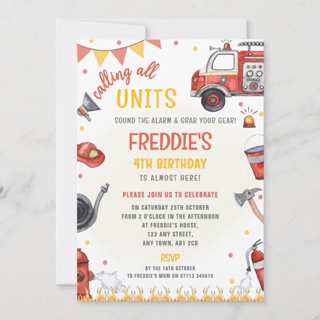 Fire Truck Birthday Invitation - Sound the Alarm  (Front)