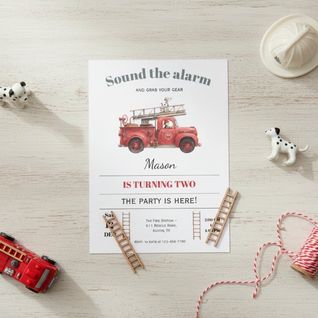 Fire Truck Birthday Invitation Sound the Alarm (Fire truck birthday invitation with red firefighter theme and sound the alarm design)