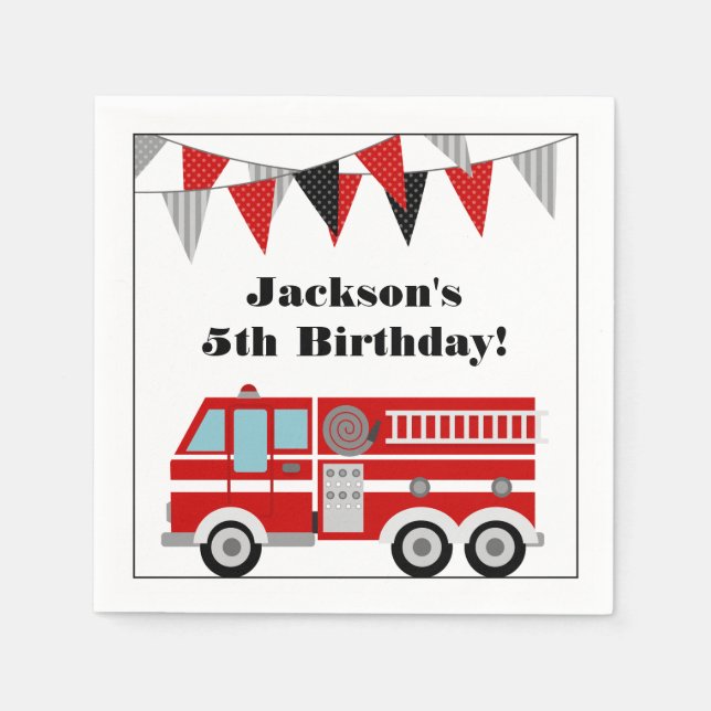 Fire Truck Birthday Party Personalised Napkin (Front)