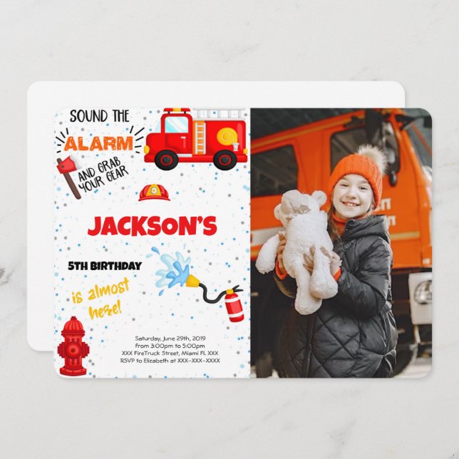 Fire Truck Birthday Photo Invitation (Front/Back)