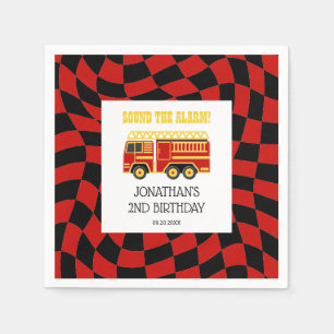 Fire Truck Black Red Checkered 2nd Birthday Napkin
