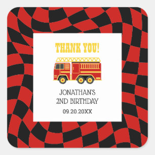 Fire Truck Black Red Checkered 2nd Birthday Square Sticker
