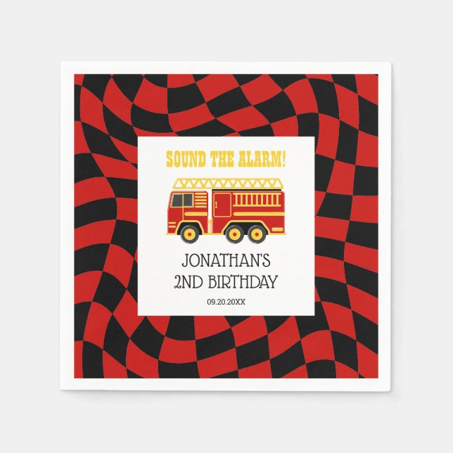 Fire Truck Black Red Chequered 2nd Birthday Napkin (Front)