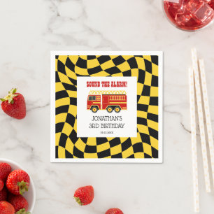 Fire Truck Black Yellow Checkered 3rd Birthday  Napkin