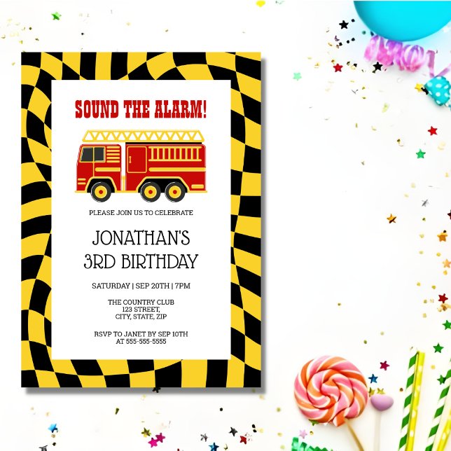 Fire Truck Black Yellow Chequered 3rd Birthday  Invitation (Creator Uploaded)