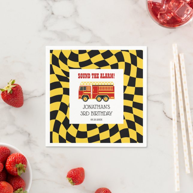 Fire Truck Black Yellow Chequered 3rd Birthday  Napkin (Insitu)