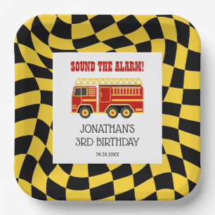 Fire Truck Black Yellow Chequered 3rd Birthday Paper Plate