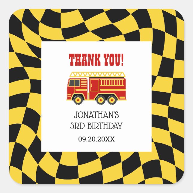 Fire Truck Black Yellow Chequered 3rd Birthday  Square Sticker (Front)