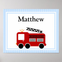 Fire Truck Blue Stripes Personalised Name Wall Art