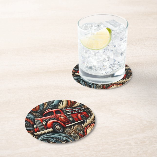 Fire truck charging through fiery chaos round paper coaster (Insitu)
