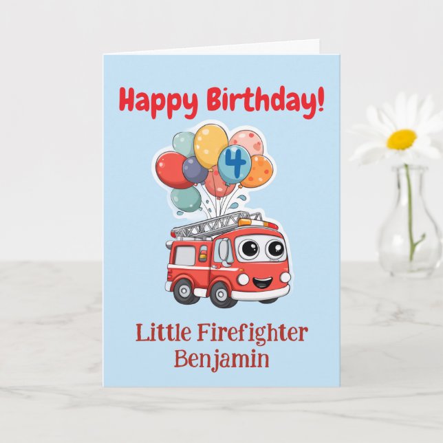 Fire Truck Congratulations, Custom 4th Birthday Card (Small Plant)