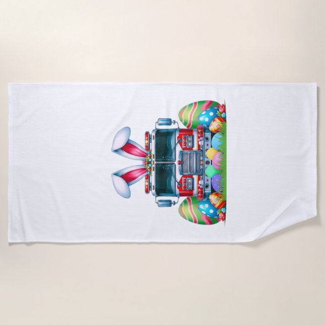 Fire Truck Easter Bunny Ears Firefighter Easter Eg Beach Towel (Front)