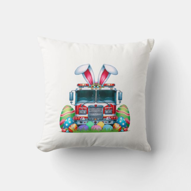 Fire Truck Easter Bunny Ears Firefighter Easter Eg Cushion (Front)