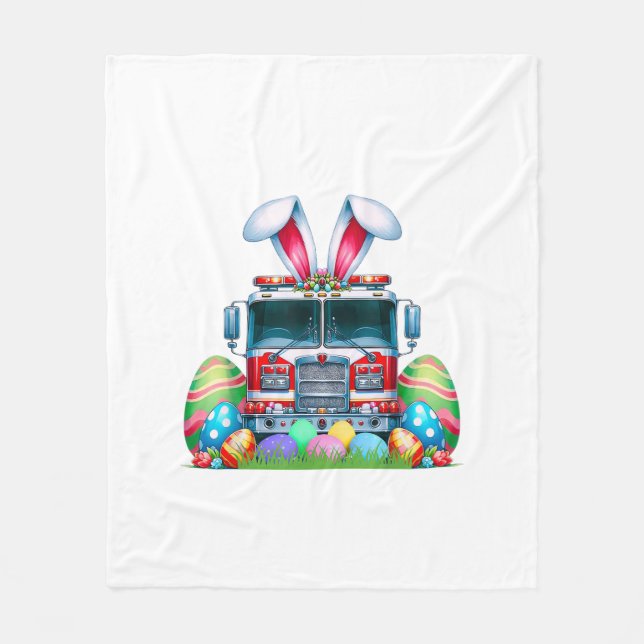 Fire Truck Easter Bunny Ears Firefighter Easter Eg Fleece Blanket (Front)