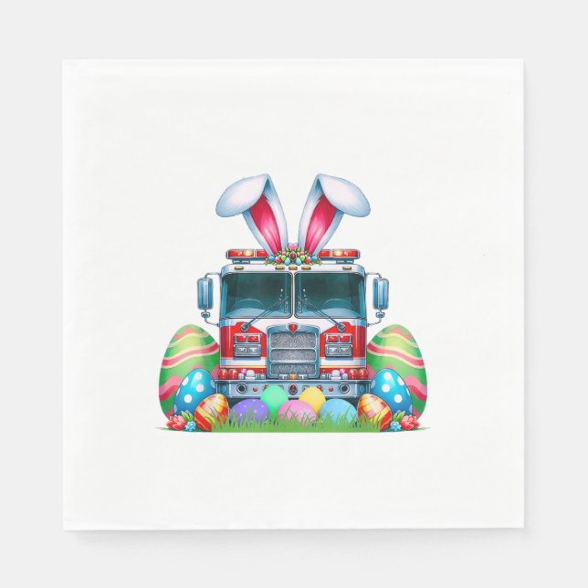 Fire Truck Easter Bunny Ears Firefighter Easter Eg Napkin (Front)