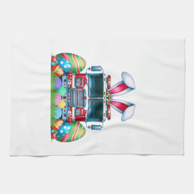 Fire Truck Easter Bunny Ears Firefighter Easter Eg Tea Towel (Horizontal)