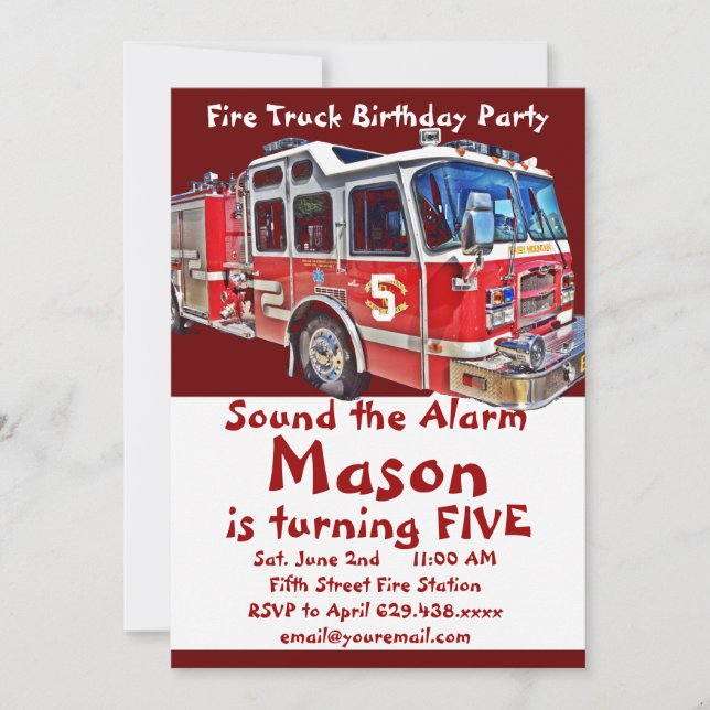 Fire Truck Engine Firefighter Birthday Invitations (Front)