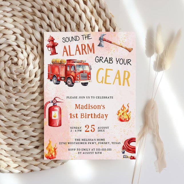 Fire Truck Fire Engine 1st Birthday Party Invitation (Creator Uploaded)
