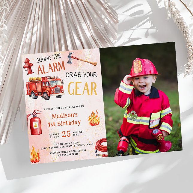 Fire Truck Fire Engine 1st Birthday Party Photo  Invitation (Creator Uploaded)