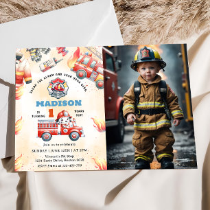 Fire Truck Fire Engine 1st Birthday Party Photo  Invitation