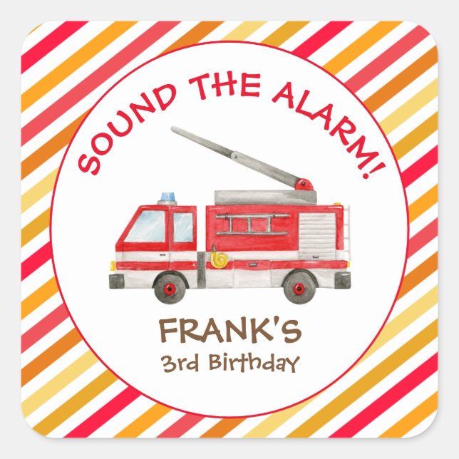 Fire Truck Fire Engine Birthday Party Square Stick Sticker (Front)