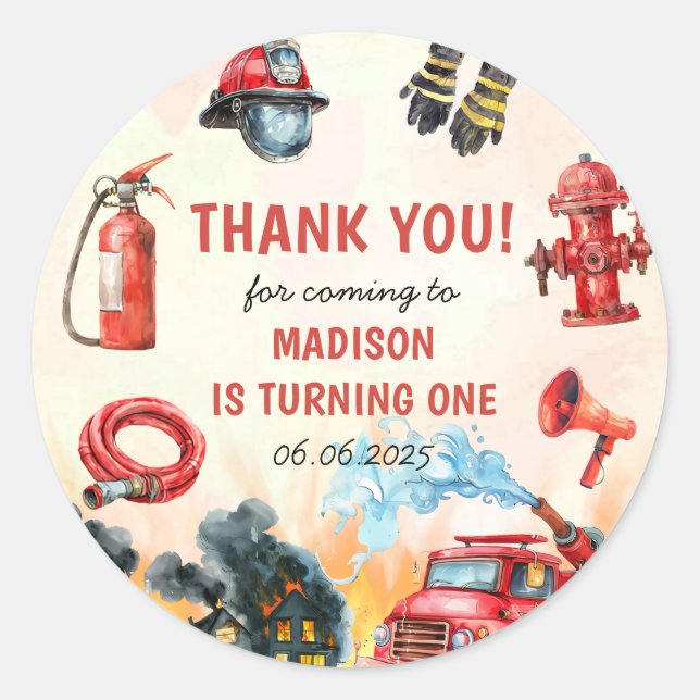 Fire Truck Firefighter 1st Birthday Party Classic Round Sticker (Front)