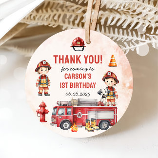 Fire Truck Firefighter 1st Birthday Party Favour Tags