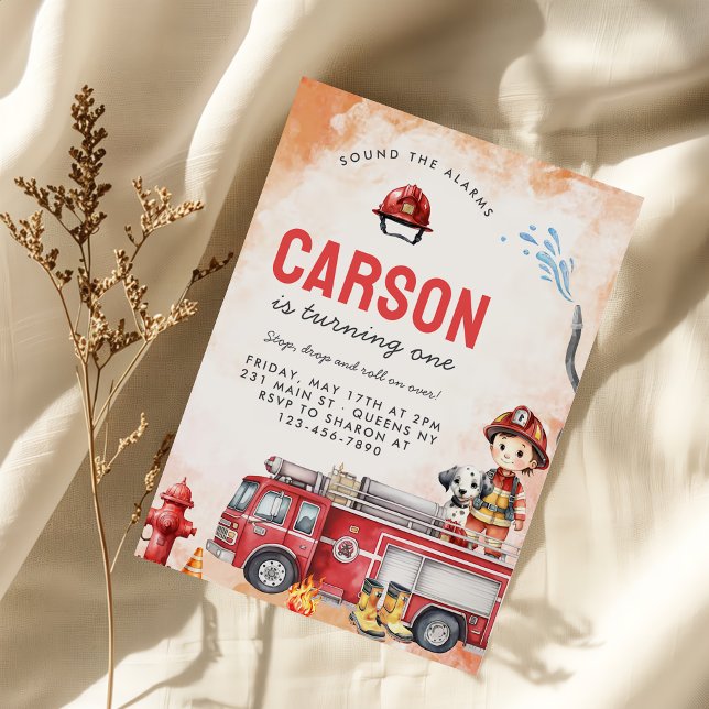 Fire Truck Firefighter 1st Birthday Party Invitation (Creator Uploaded)
