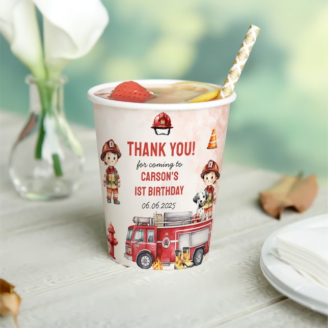 Fire Truck Firefighter 1st Birthday Party Paper Cups (Creator Uploaded)
