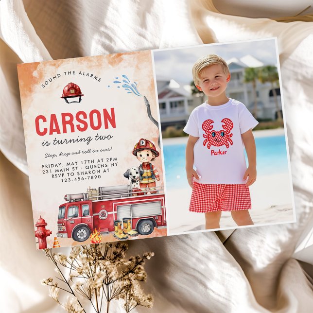 Fire Truck Firefighter 2nd Birthday Party Photo Invitation (Creator Uploaded)