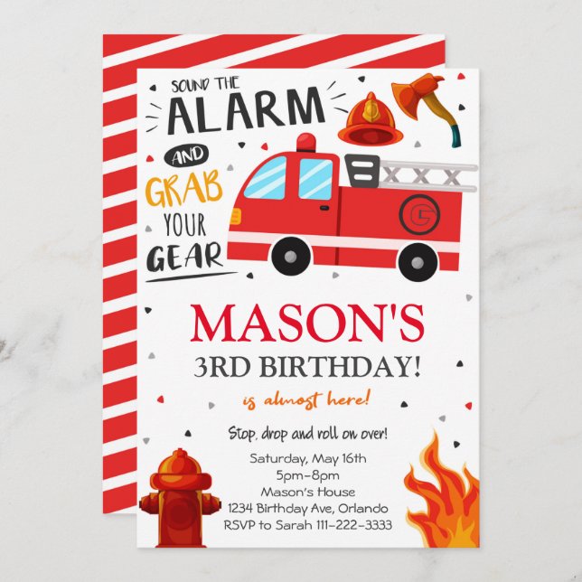 Fire Truck Firefighter Birthday Invitation (Front/Back)