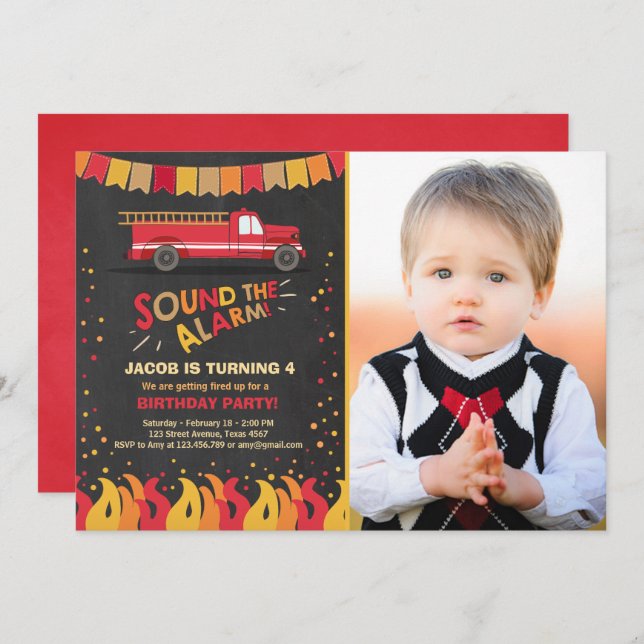 Fire Truck Firefighter Birthday Invitation Boy (Front/Back)