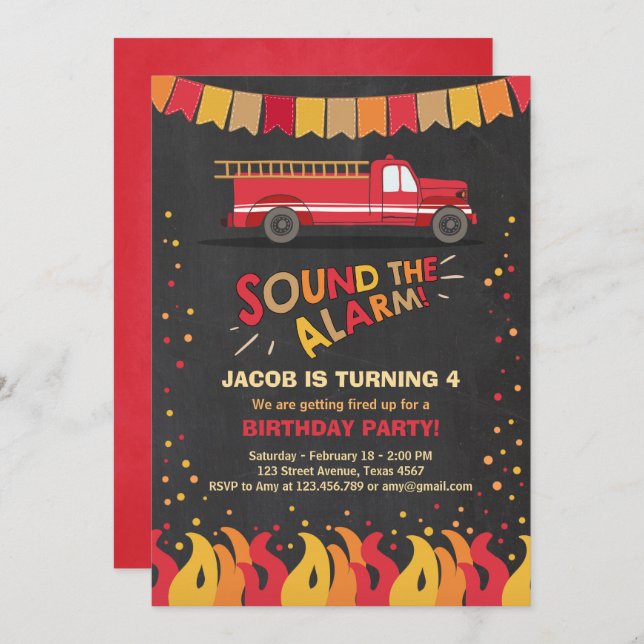 Fire Truck Firefighter Birthday Invitation Boy (Front/Back)