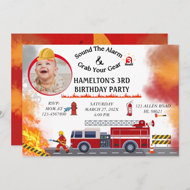 Fire Truck Firefighter Birthday Party Invitation (Front/Back)