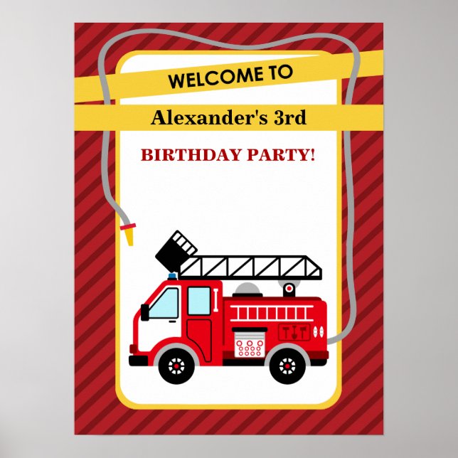 Fire Truck Firefighter Birthday Party Poster (Front)