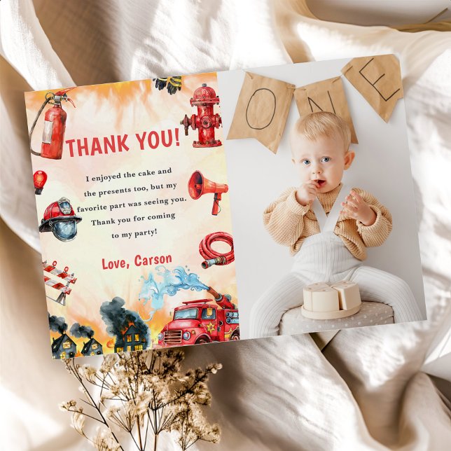 Fire Truck Firefighter Birthday Thank You Card (Creator Uploaded)