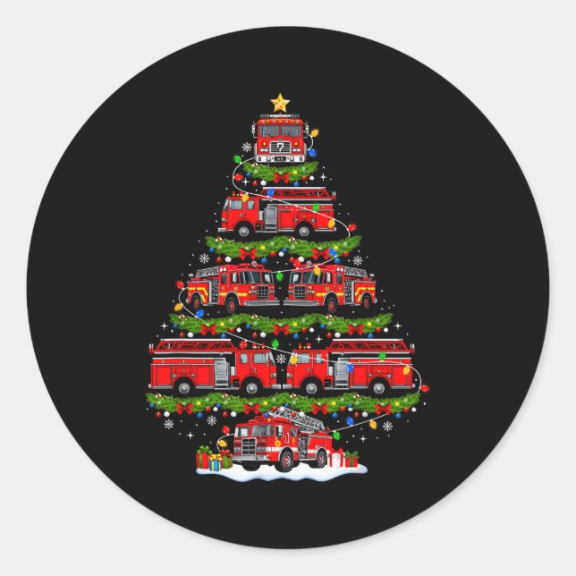 Fire Truck Firefighter Christmas Tree Lights Xmas  Classic Round Sticker (Front)