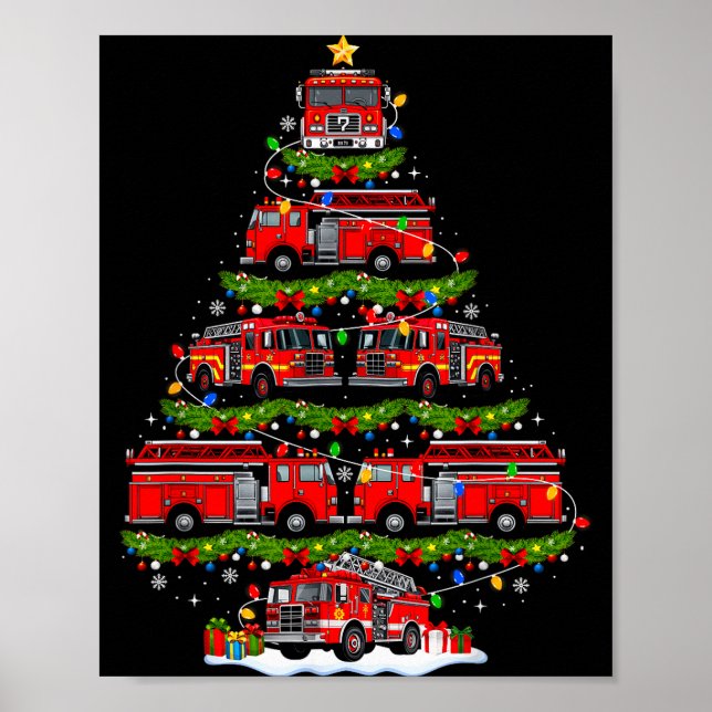 Fire Truck Firefighter Christmas Tree Lights Xmas  Poster (Front)