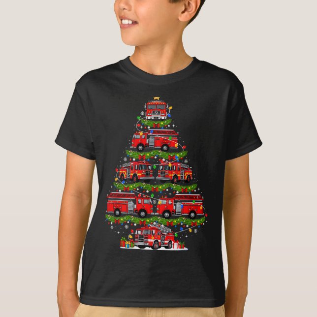 Fire Truck Firefighter Christmas Tree Lights Xmas  T-Shirt (Front)