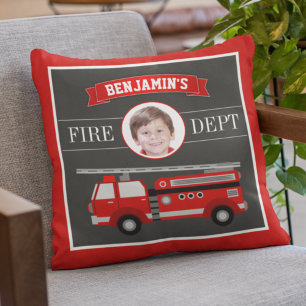 Fire Truck Firefighter Custom Photo Name Kids Room Cushion