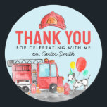 Fire Truck Firefighter Dog Thank You Kids Birthday Classic Round Sticker<br><div class="desc">Modern Cute Fire Truck Firefighter Dalmatian Dog Balloon Kids Birthday Favour Sticker</div>
