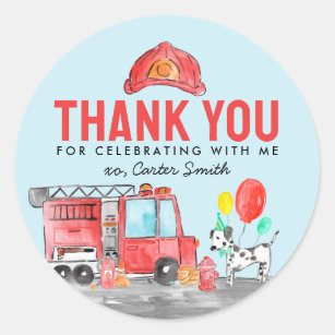Fire Truck Firefighter Dog Thank You Kids Birthday Classic Round Sticker