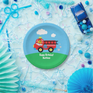 Fire Truck Firefighter Happy Birthday  Paper Plate