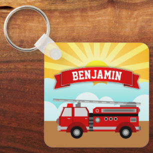 Fire Truck Firefighter Personalised Name Kids Room Key Ring